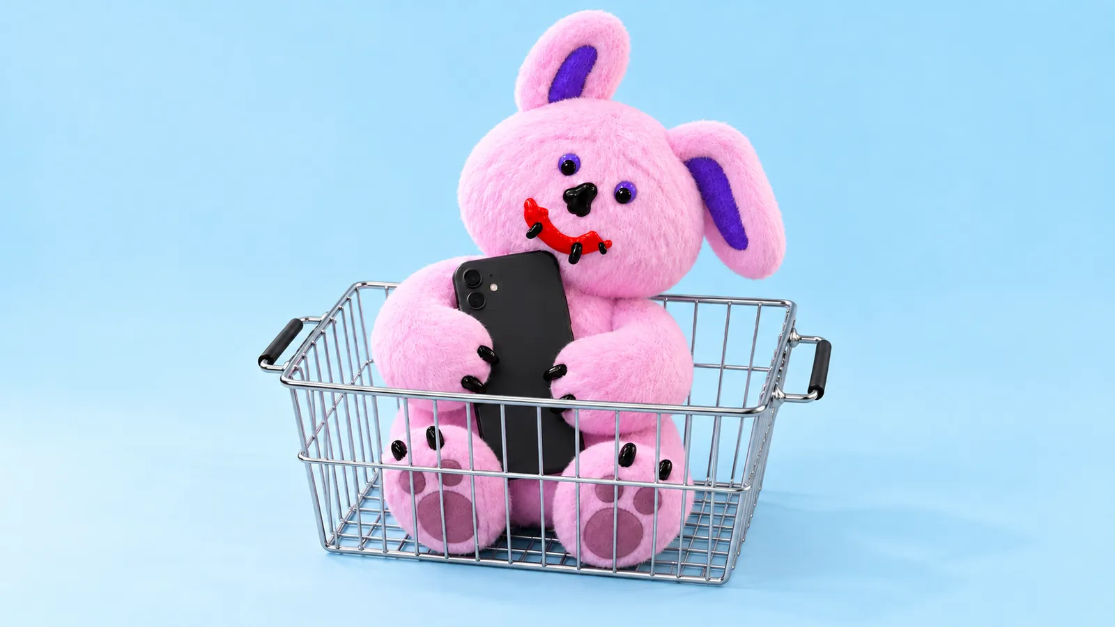 The pink Draki plush hugs a black smartphone inside a chrome wire basket with black side grips, on a pale blue studio background.