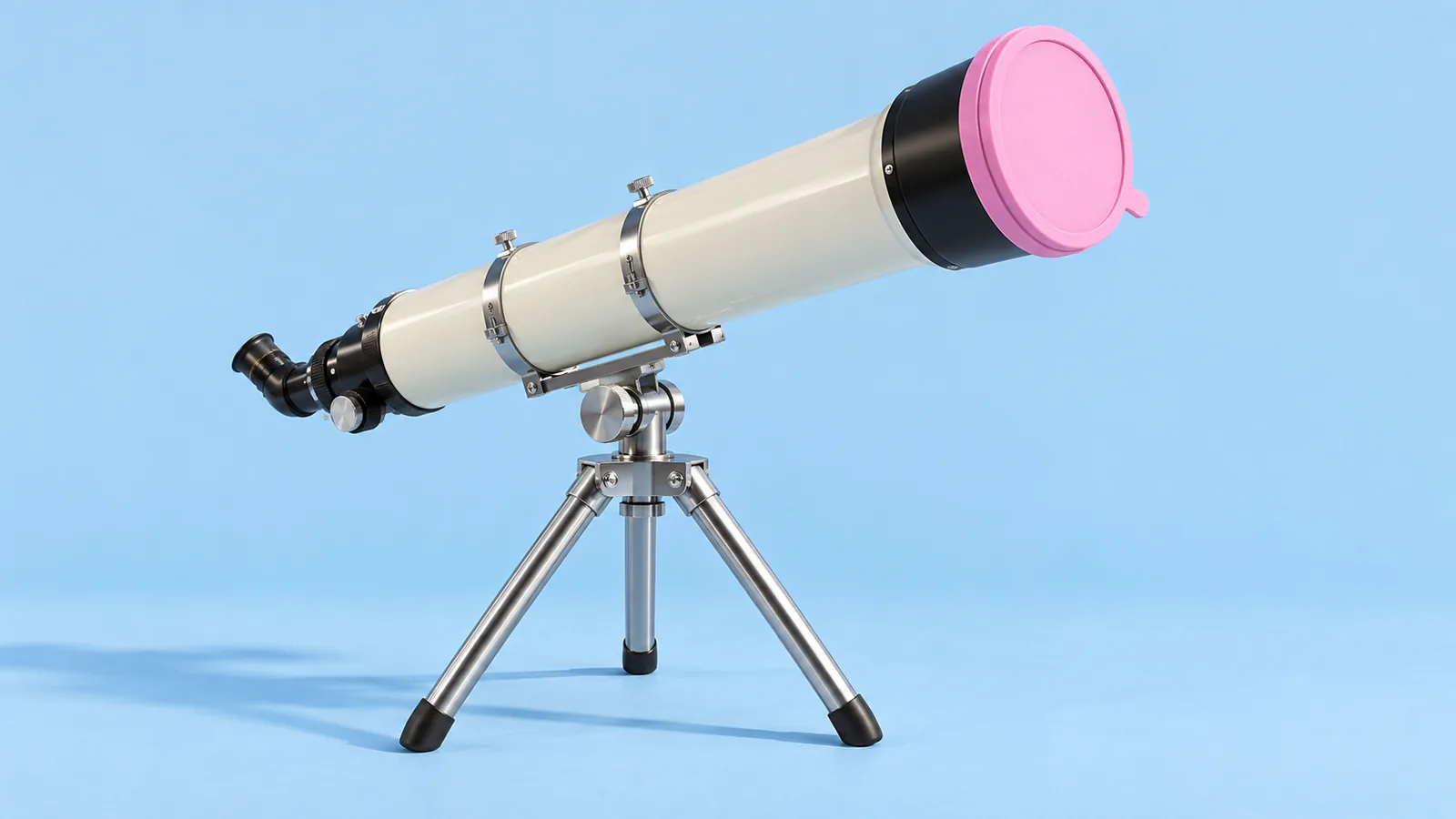 An ivory telescope stands on a chrome tripod with an opaque pink lens cap, against a sky-blue background.
