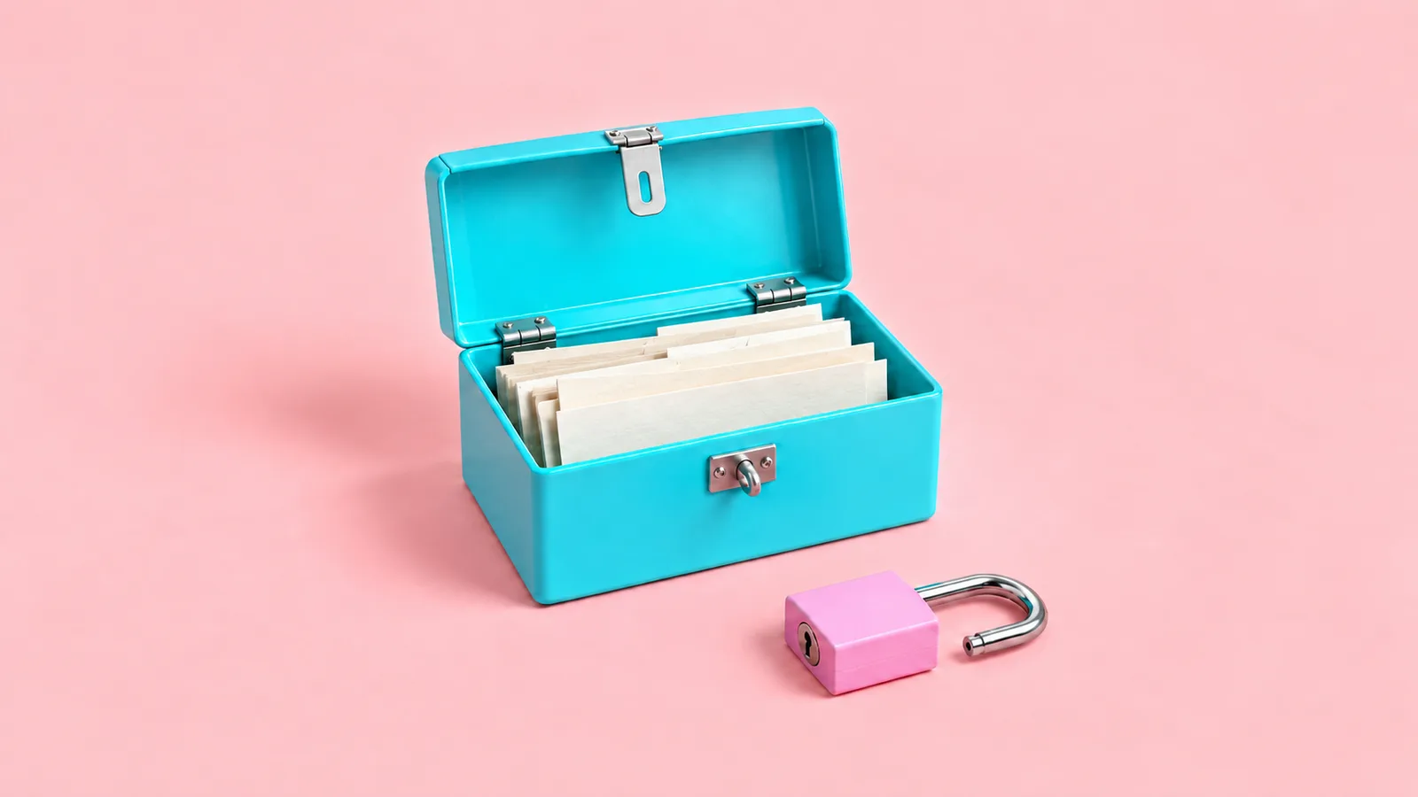 An open turquoise archive box holds white index cards, with a slotted lid latch and a pink padlock lying flat in front, its open shackle pointing right.