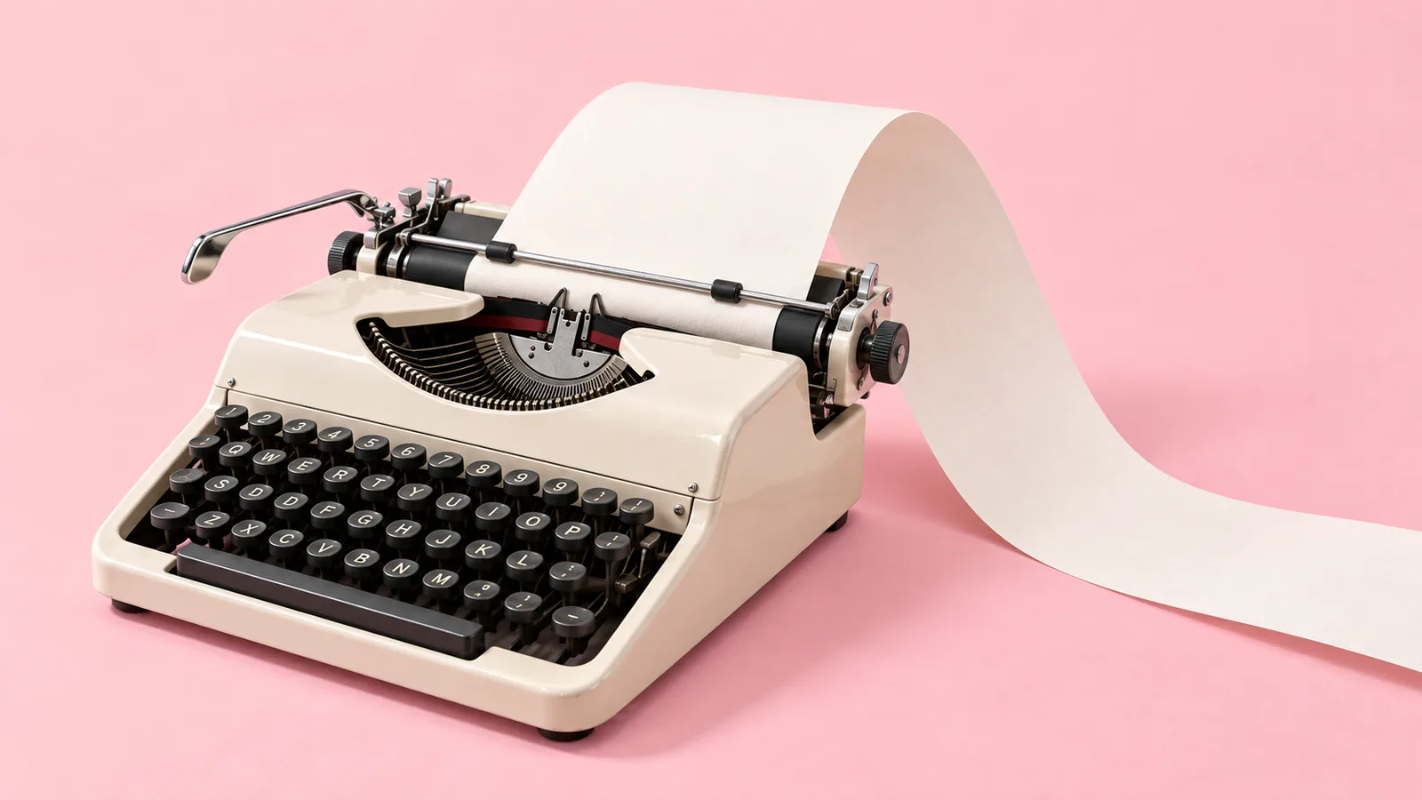 A cream vintage typewriter with labeled black keys holds a long sheet of paper that curves across a soft blush-pink surface and continues beyond the image.