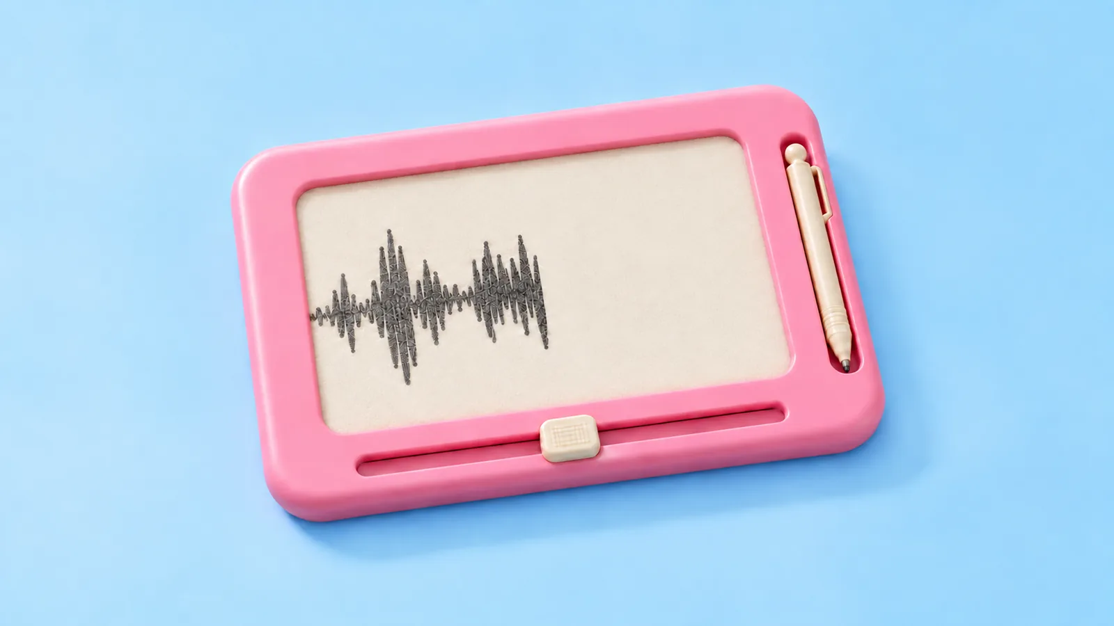 A pink magnetic drawing board shows a sound wave erased halfway, with its slider centered, on a pale blue background.