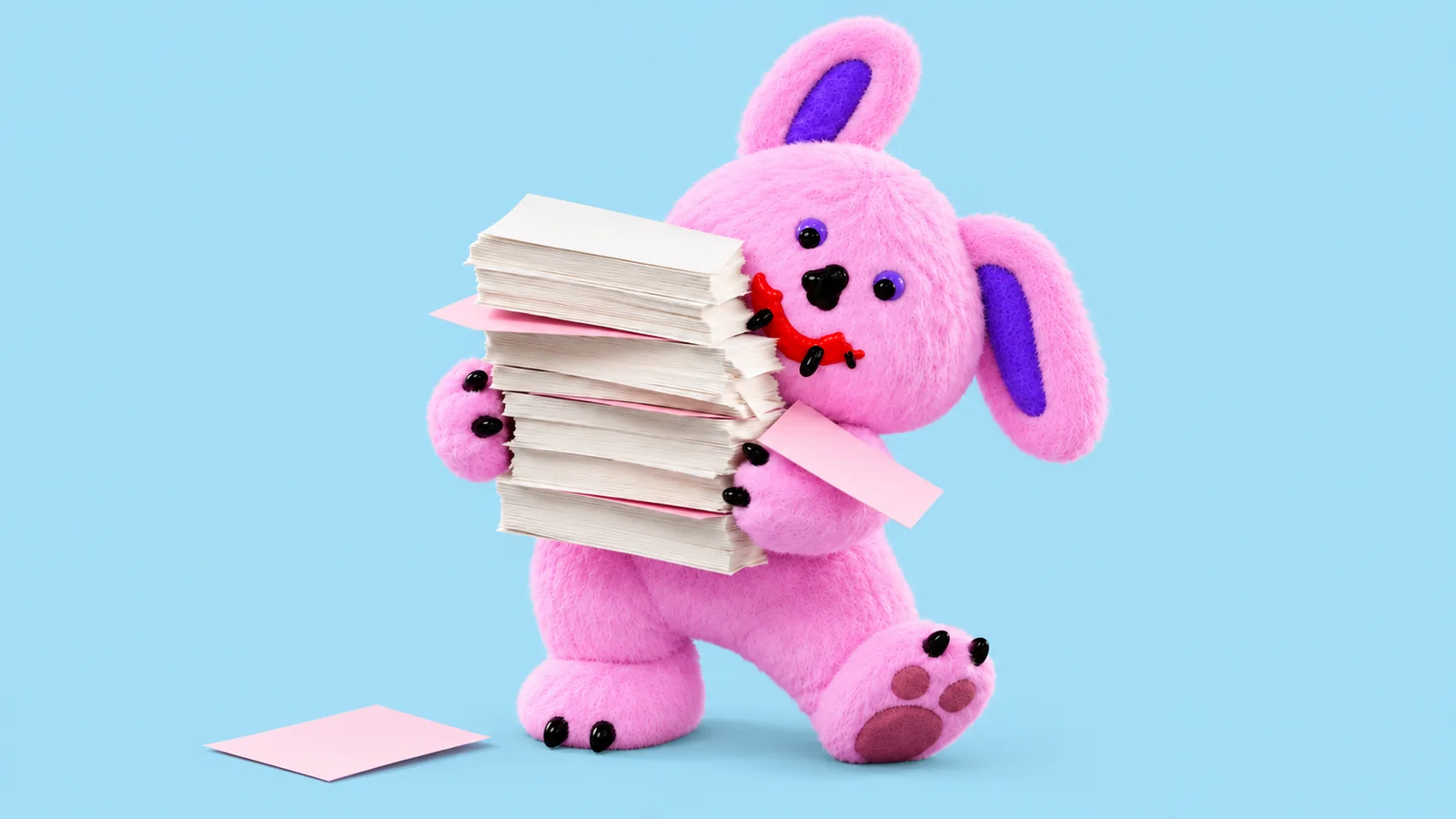 Pink Draki carries a tall stack of papers with pink dividers on a flat powder-blue background.