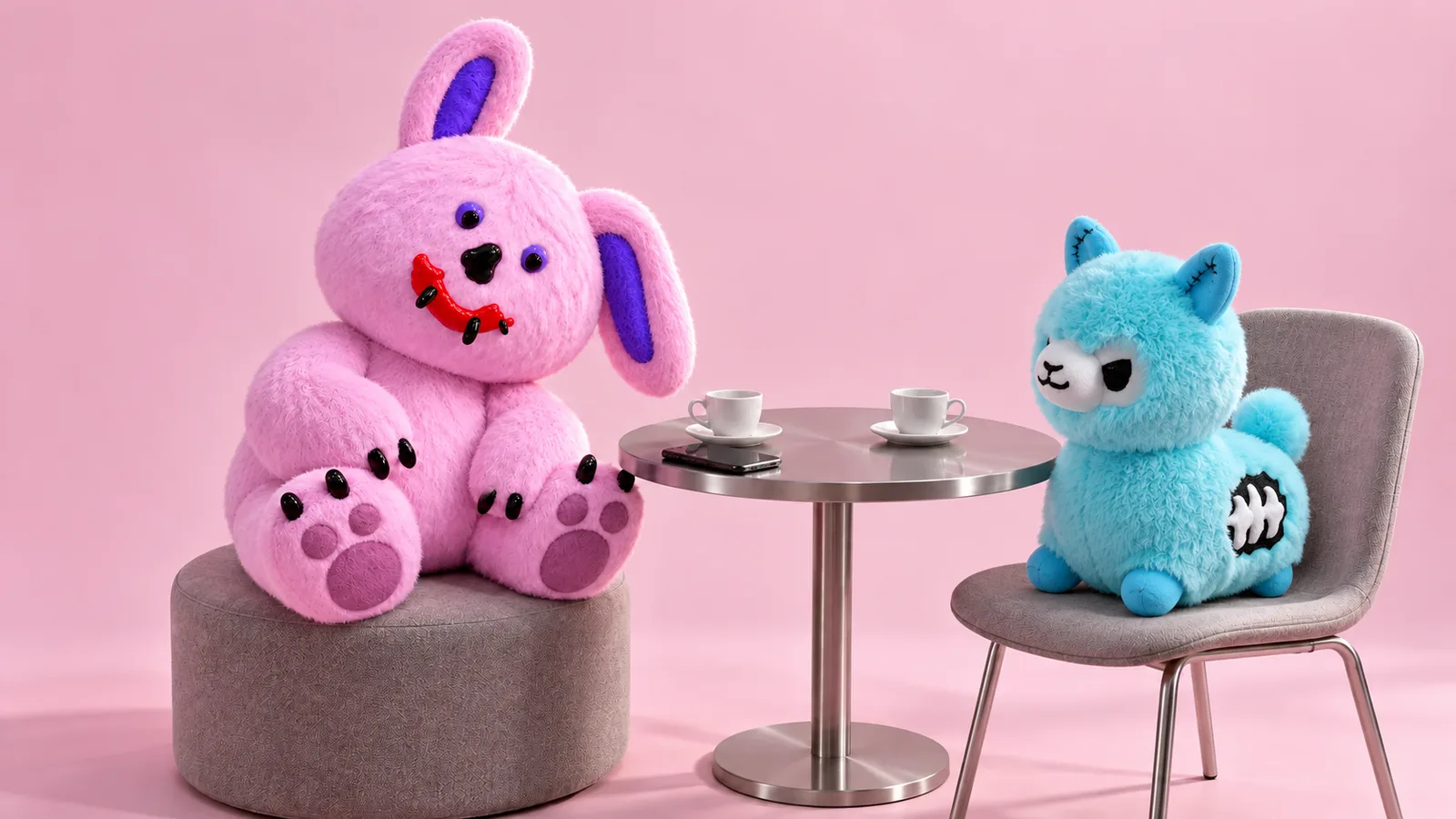 Draki and a turquoise llama plush sit across a cafe table with two espresso cups and a phone placed beside Draki.
