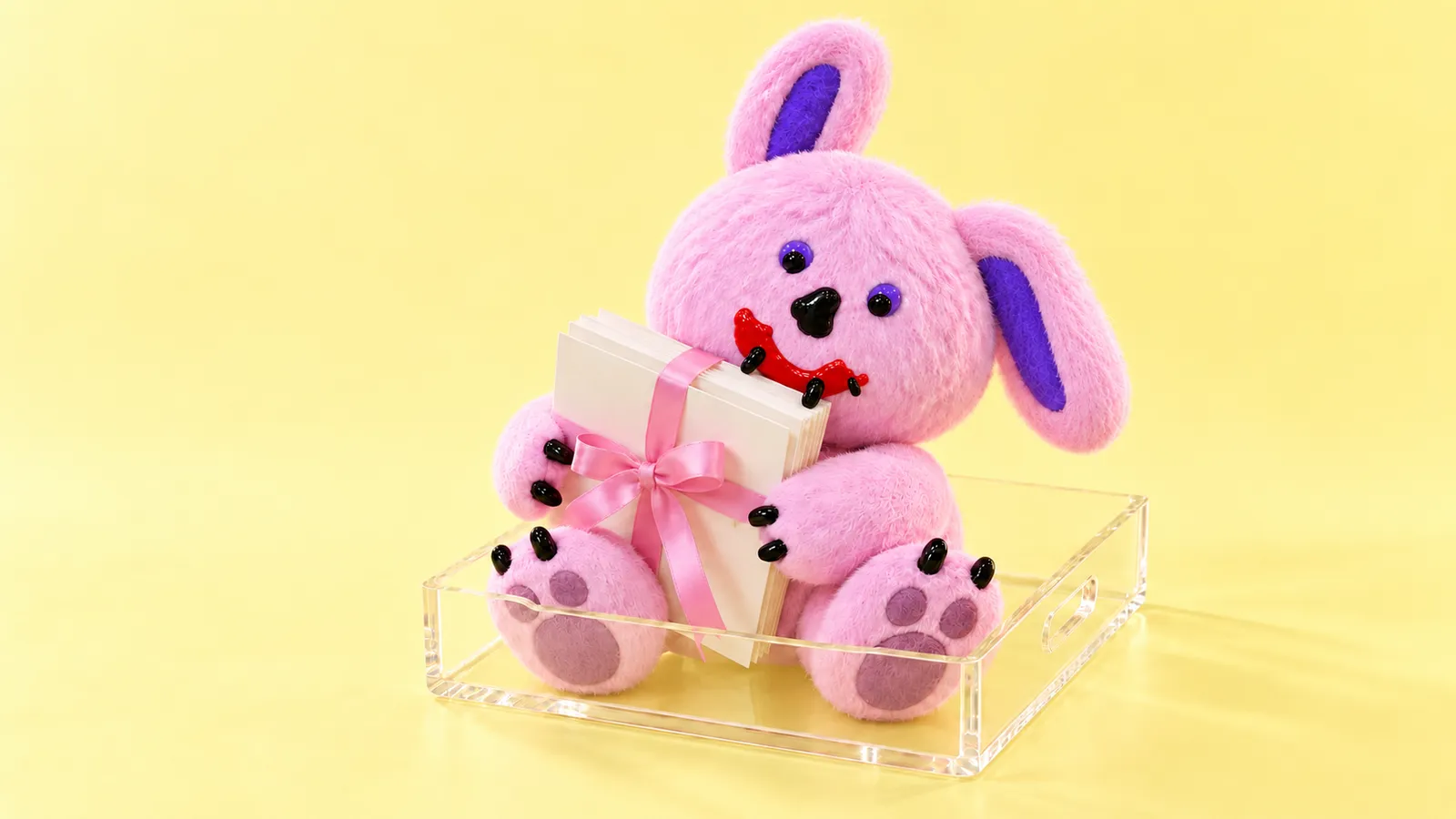 Draki sits in a clear acrylic tray holding cream note cards tied with a pink ribbon, against a pale lemon-yellow background.