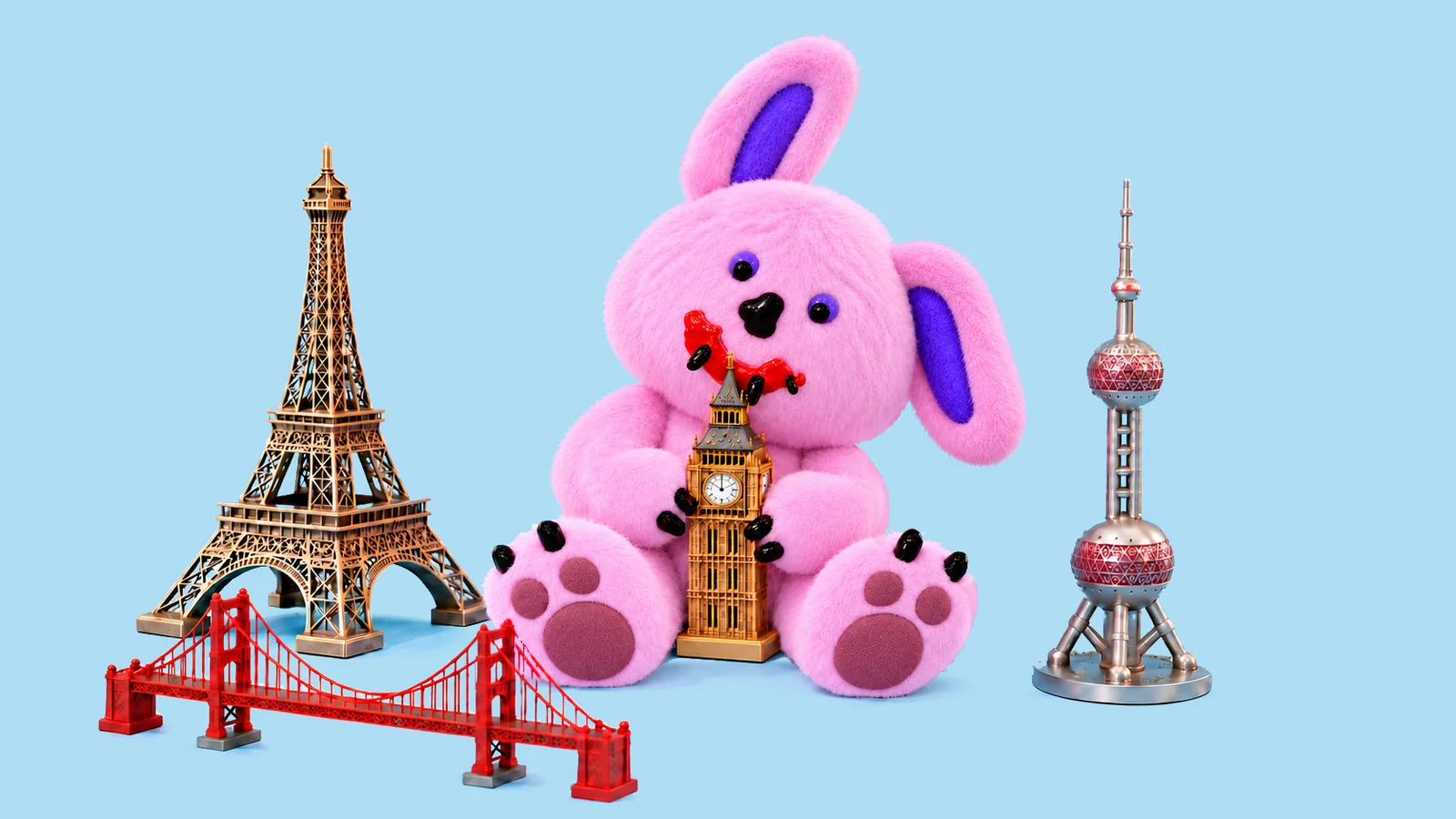 Pink Draki holds Big Ben beside the Eiffel Tower, Golden Gate Bridge and Oriental Pearl Tower on a pale blue background.