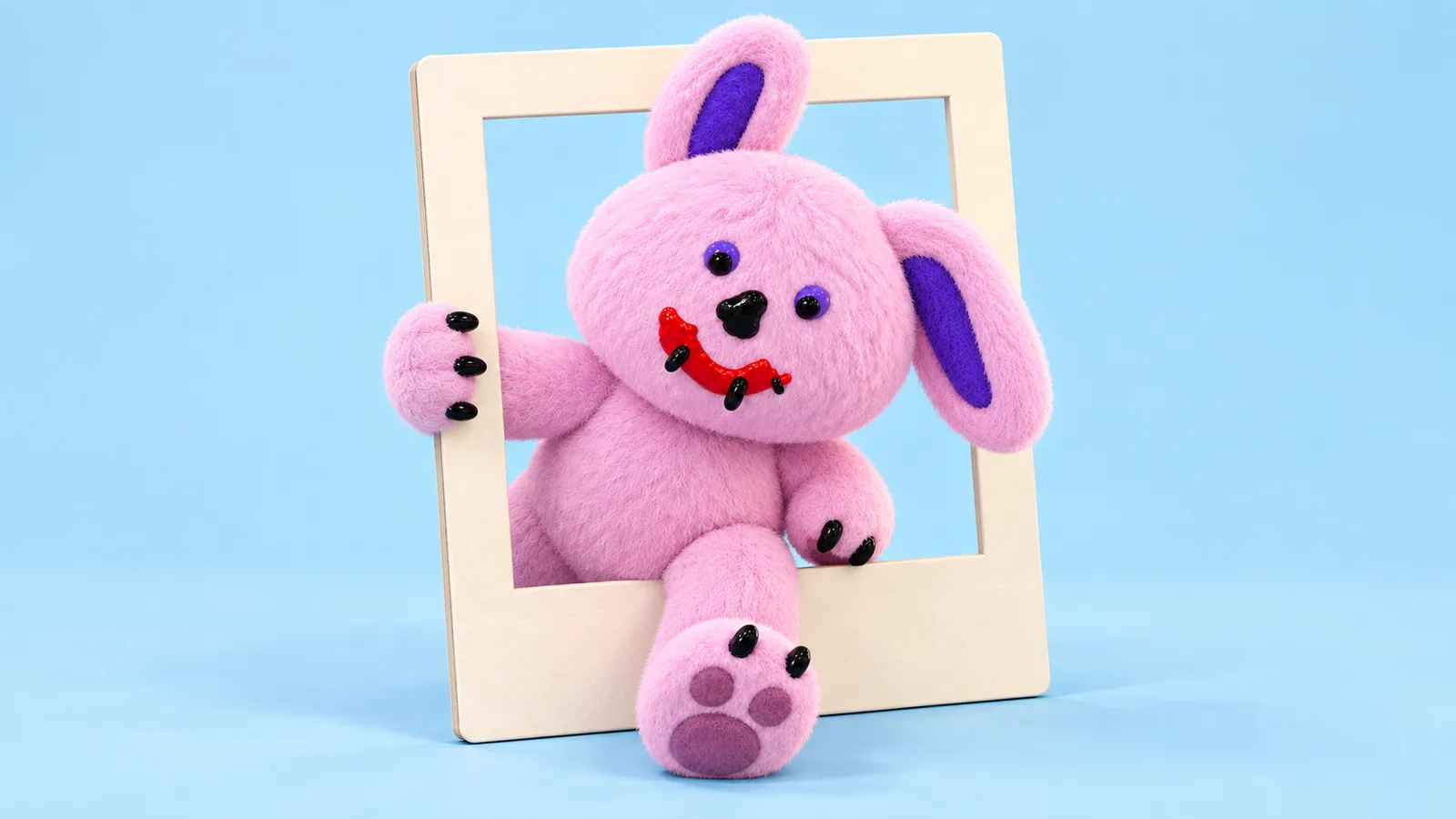 Draki steps through an oversized cream instant-photo frame, gripping its side with one paw and resting one foot on a light sky-blue studio floor.