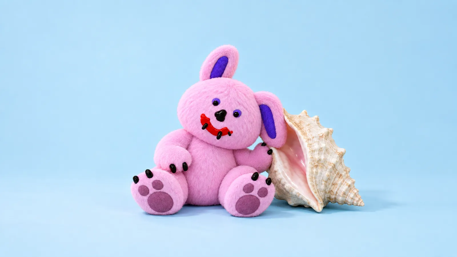 The pink Draki plush sits on a pale blue surface, leaning toward a large conch shell and steadying it with one paw.