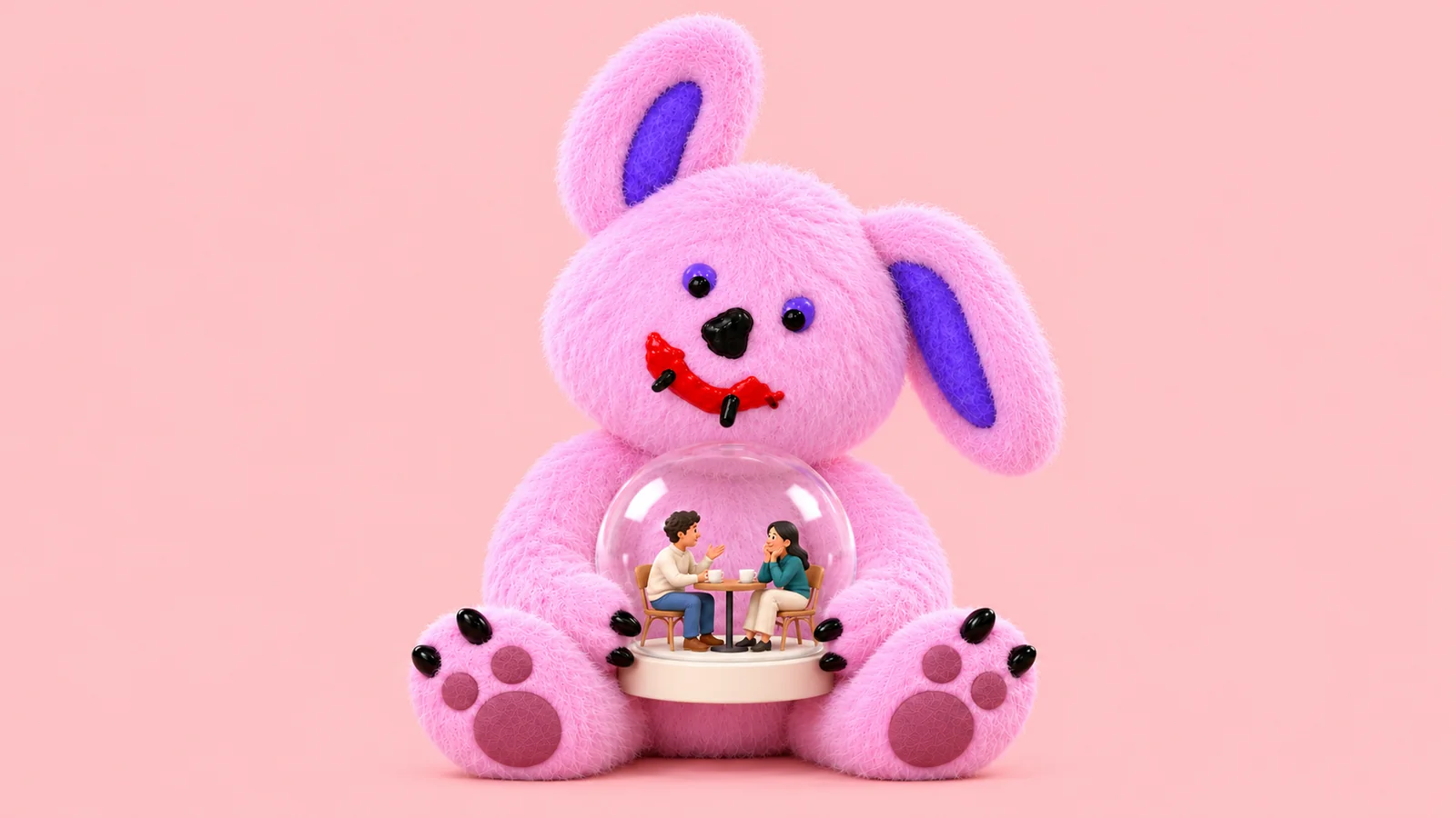 Draki sits in the center, looking down at a glass globe held in both paws, with two people sharing coffee inside, against a uniform pink background.