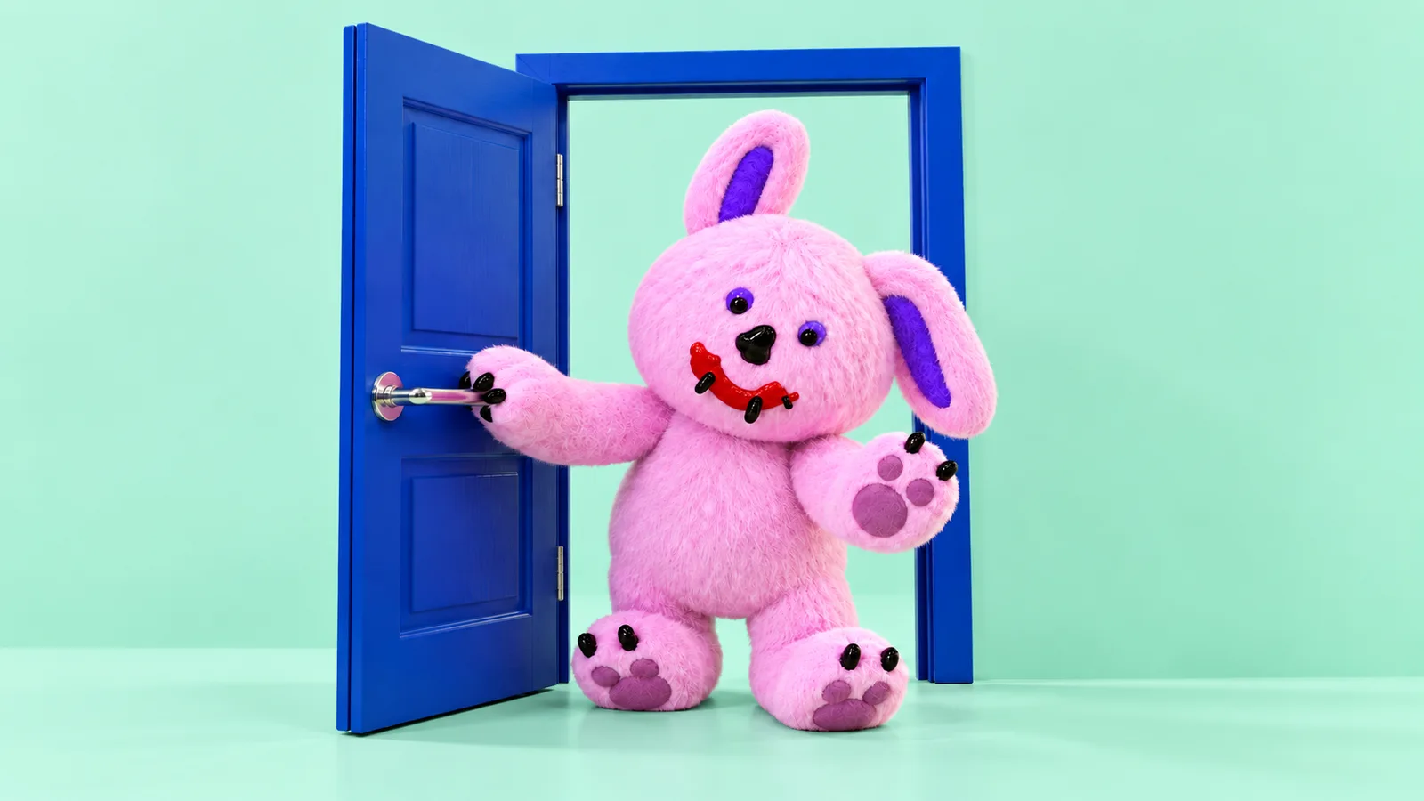 Draki holds open a cobalt-blue door and extends a welcoming paw against a pale mint-green background.