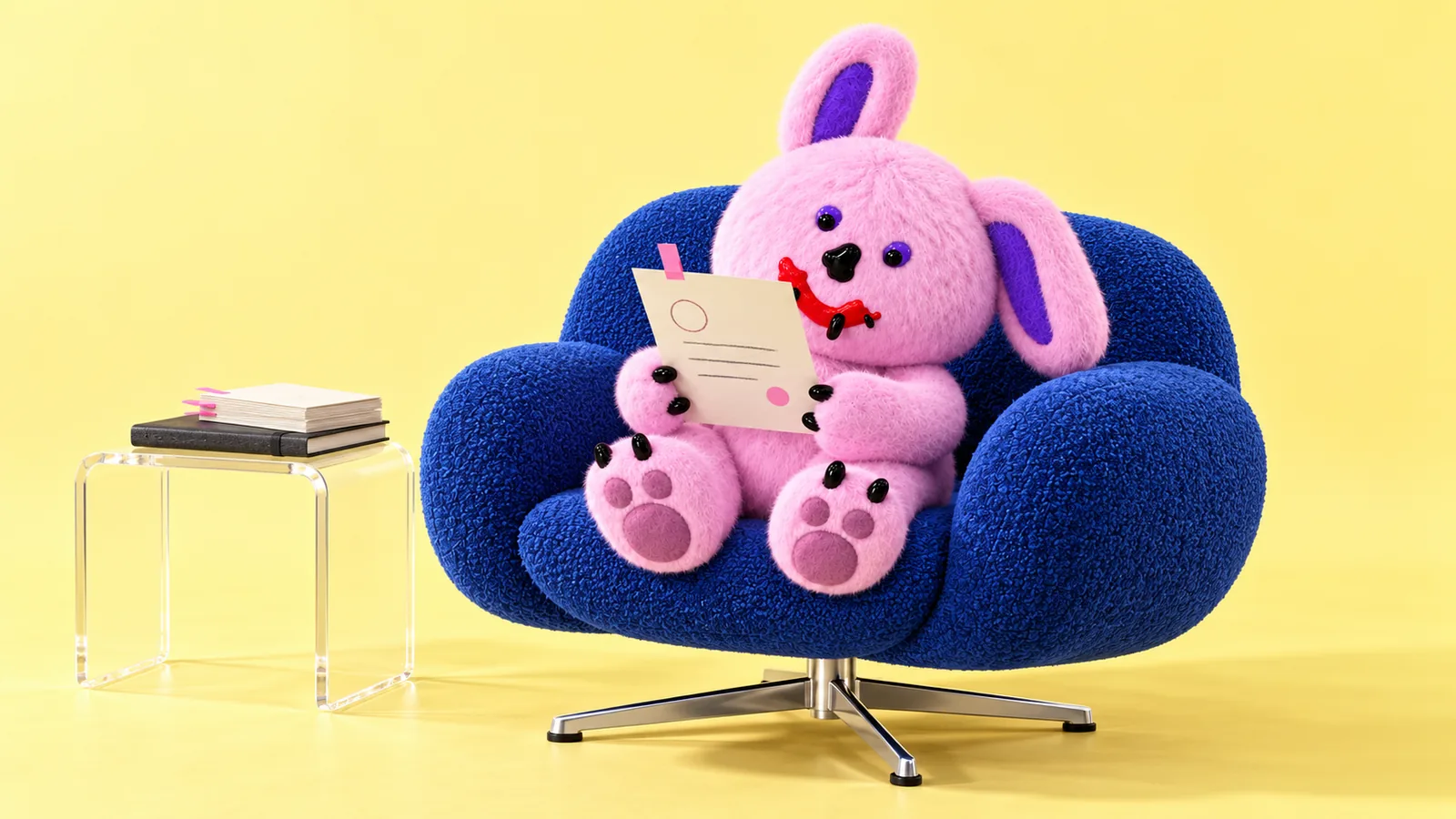Draki reads a tabbed meeting note in a cobalt-blue lounge chair beside an acrylic table of archived notes.