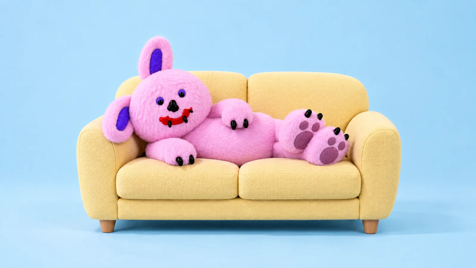 Draki lounges across a soft butter-yellow sofa with one paw on its tummy, against a pale blue studio background.