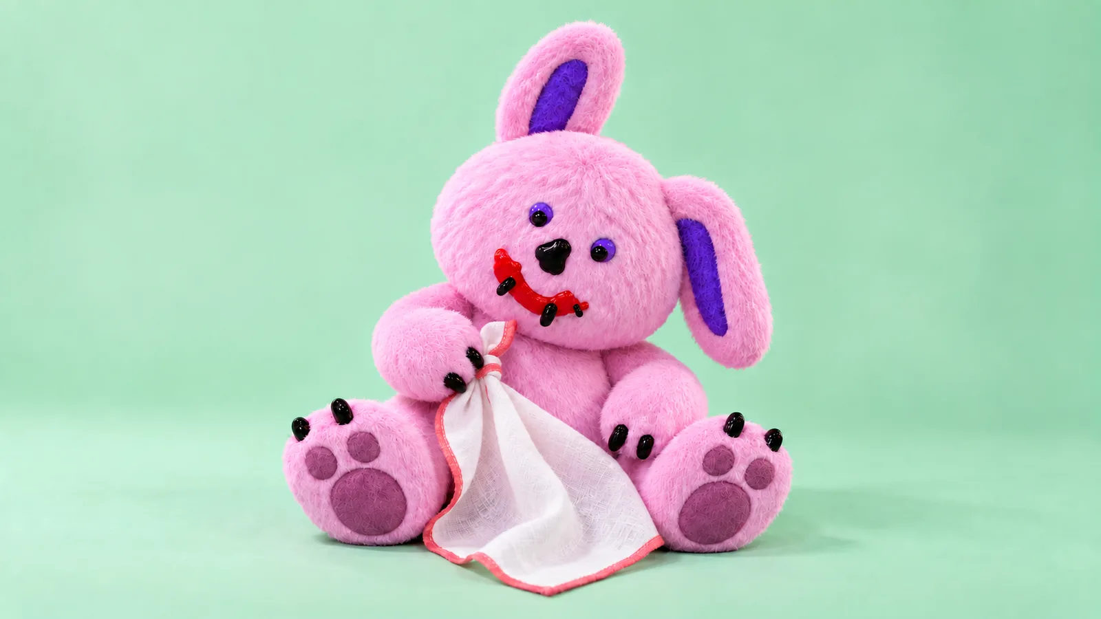 Draki sits on a mint-green surface, gripping the knotted corner of a white, pink-edged handkerchief that drapes across its lap.