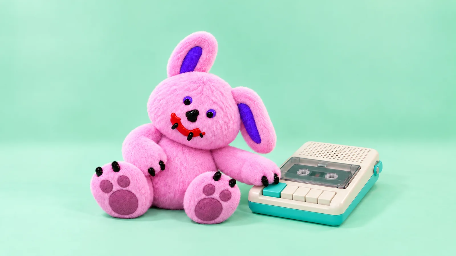 Draki presses a plain turquoise button on a cream cassette recorder, seated against a pale mint-green background.