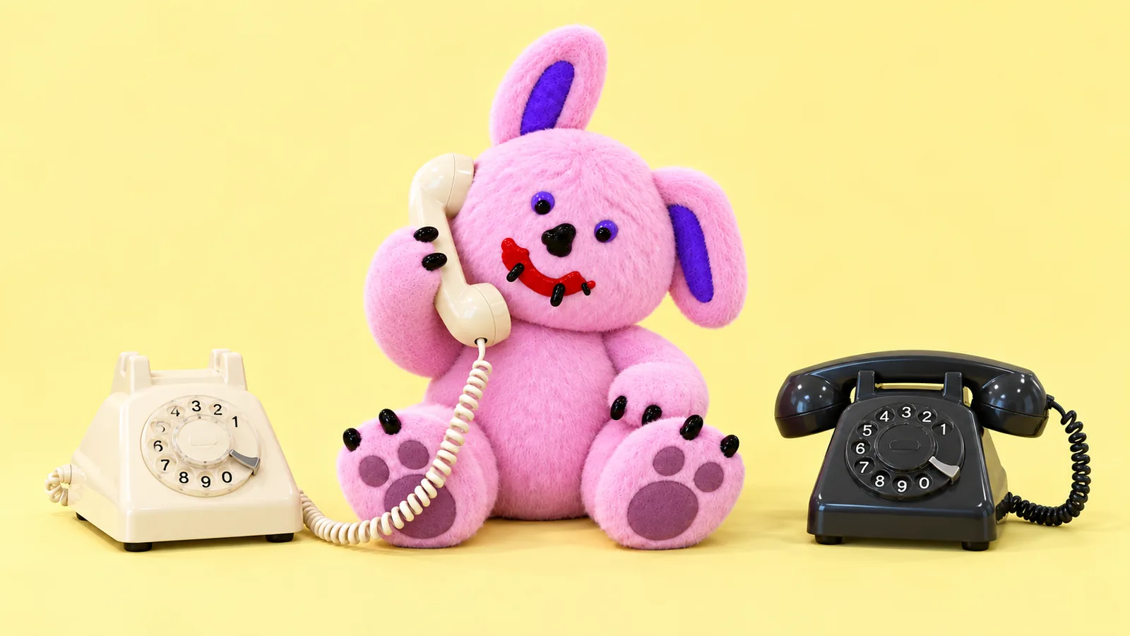 Draki holds an ivory receiver with a matching coiled cord attached underneath, beside a separate charcoal telephone on a pale lemon-yellow background.