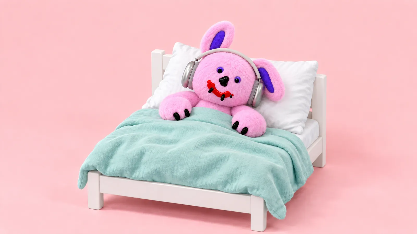 Draki rests in a small white bed under an aqua blanket, wearing silver headphones against a soft blush-pink studio background.
