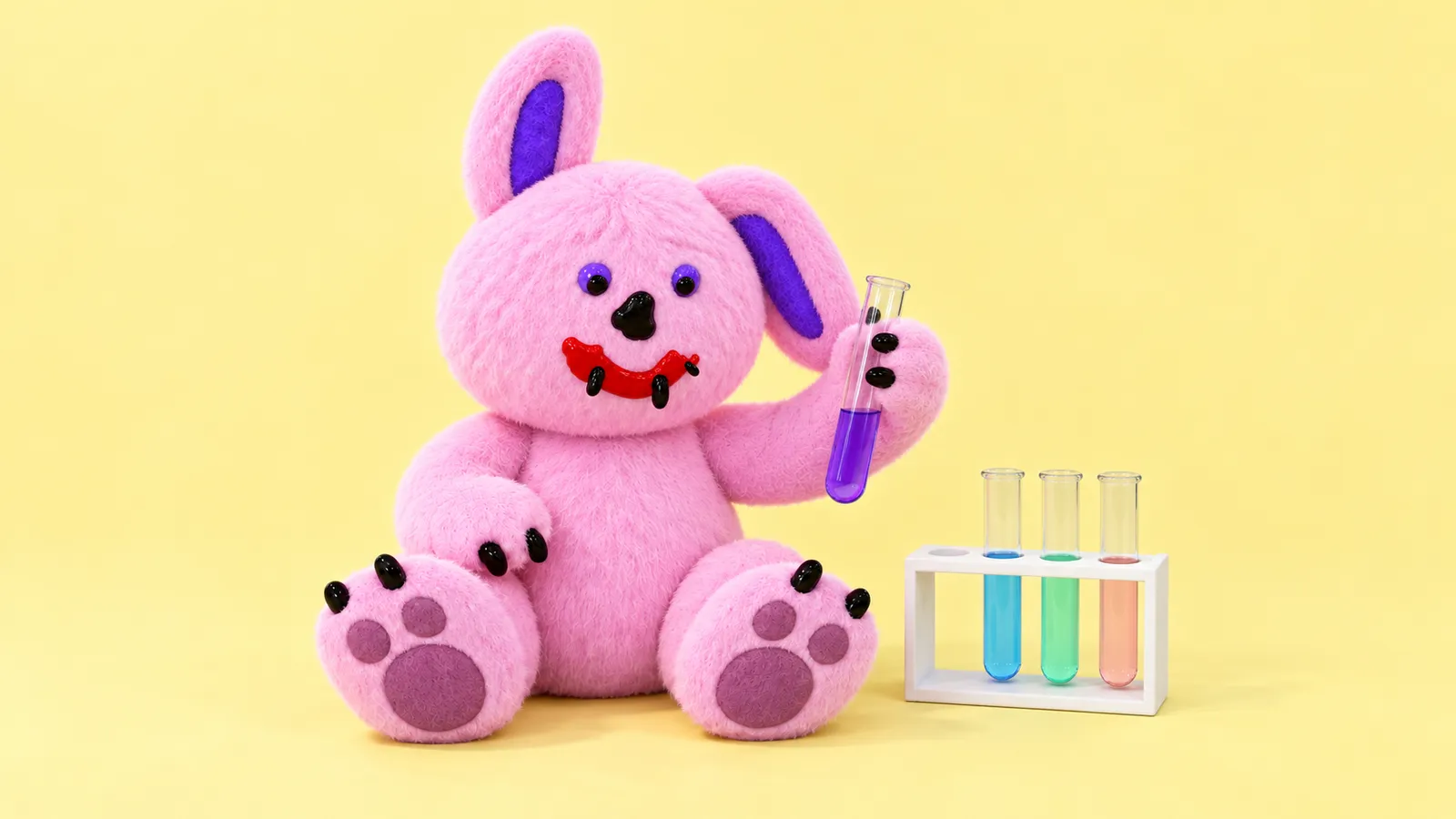 Draki holds a glass test tube of violet liquid beside three colored tubes and an empty slot in a white rack, against a pale lemon-yellow background.